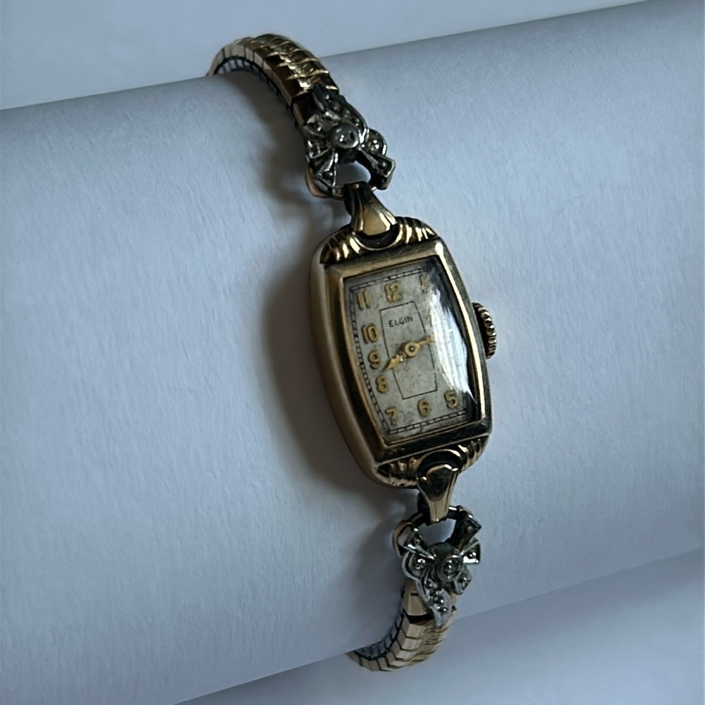Elgin women’s 10k gold filled vintage diamond bracelet watch‎ 6.5 in stretches